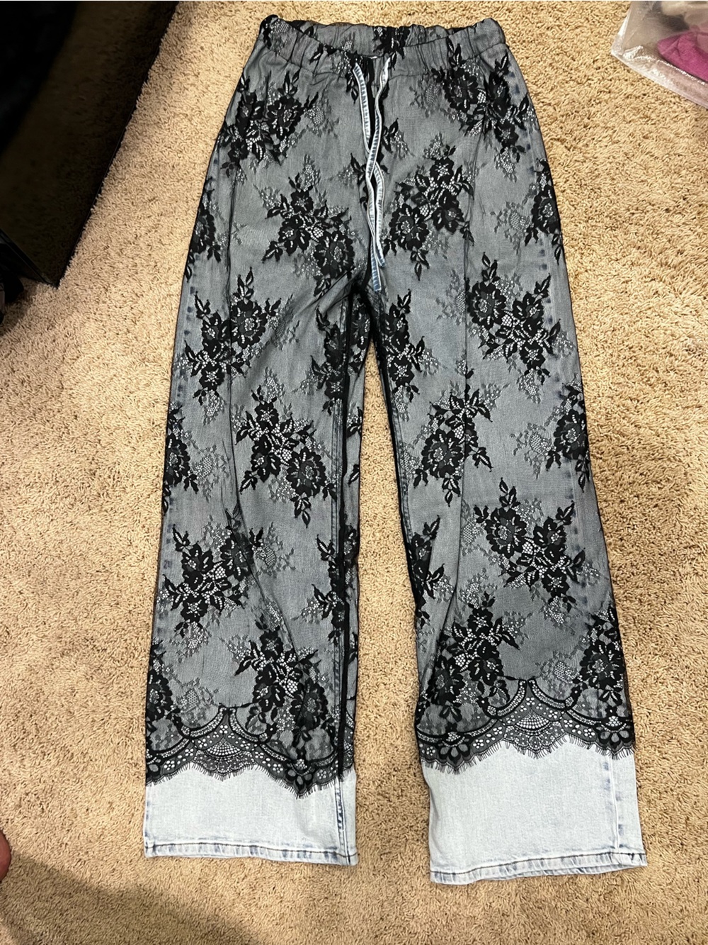 Boutique Lace Overlay Light Wash Denim Jogger Pants - Black Lace